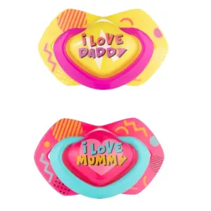 Produkt Canpol Babies 2 ks symetrických silikonových dudlíků, 0-6m, Neon Love Baby, růžovo, žluté