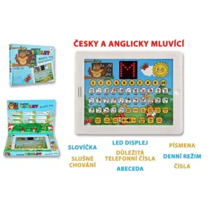 Produkt Naučný tablet moudré sovy dvojjazyčný CZ+AJ plast 24x19x2cm na baterie se zvukem v krabici 32x23x3cm