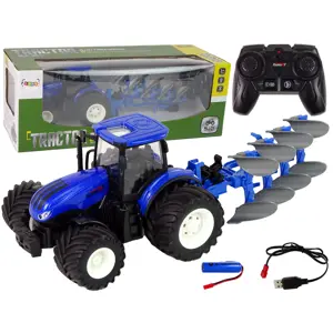mamido Traktor na dálkové ovládání 1:24 s kovovým pluhem modrý RC